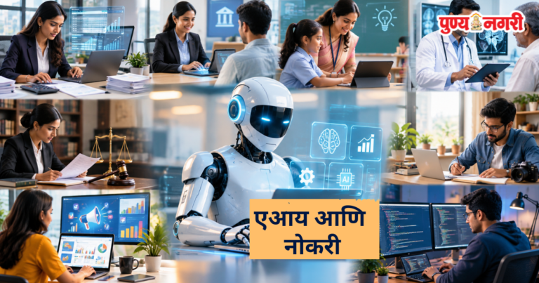 Concept illustration of professionals from multiple industries collaborating with artificial intelligence in modern workplaces.