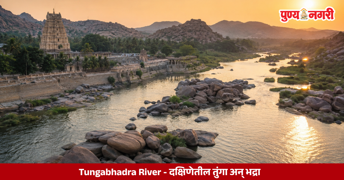 Tungabhadra River flowing beside the historic ruins of Hampi in Karnataka
