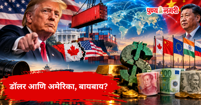 Conceptual illustration of a fading US dollar beside stacked gold bars, with global trade routes and international currency symbols in the background.