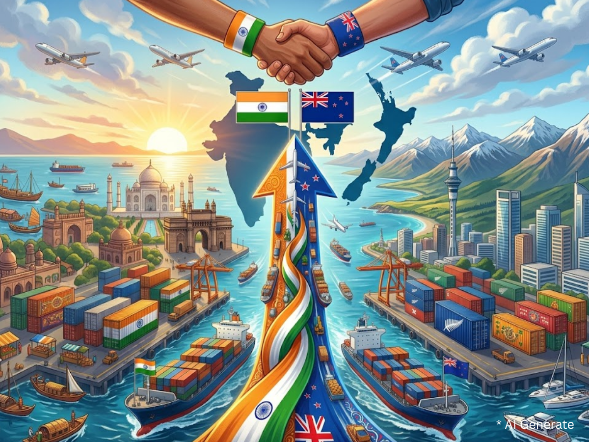 Illustration depicting India-New Zealand partnership with handshake, national flags, cargo ships, ports, airplanes, and trade routes connecting both countries.