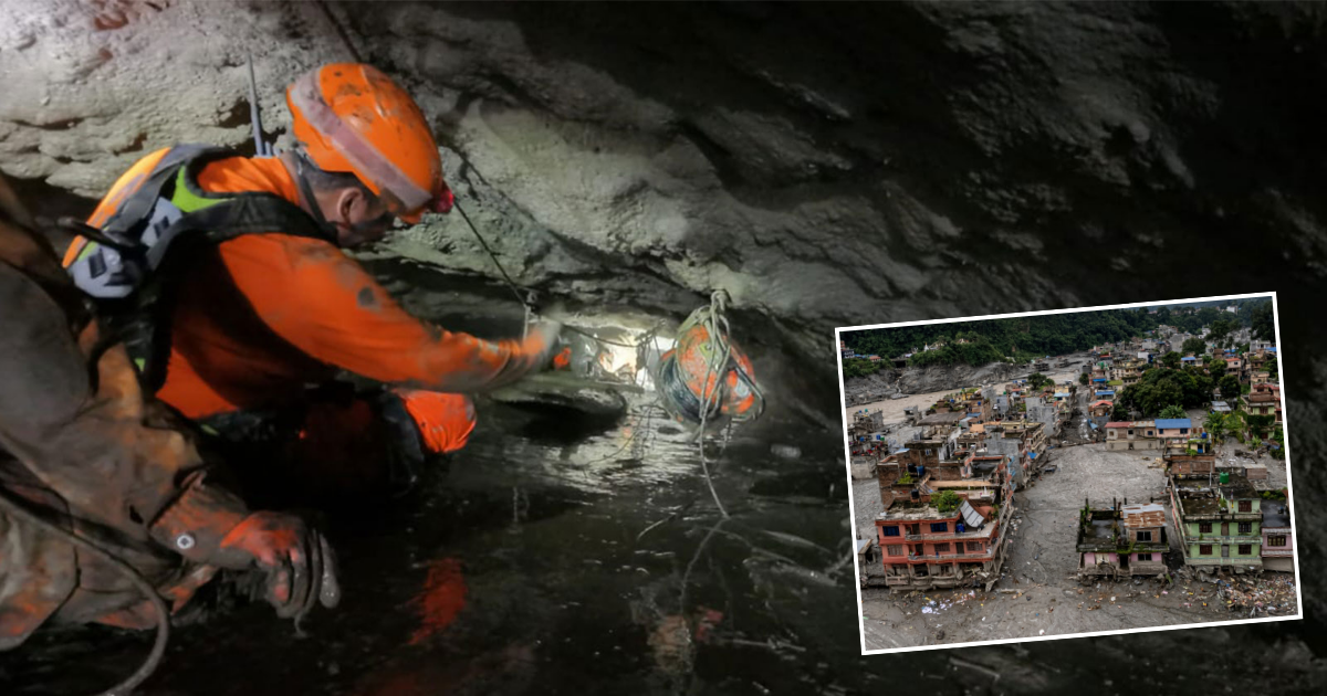 India and Nepal rescue teams clearing debris and water from Chilime tunnel