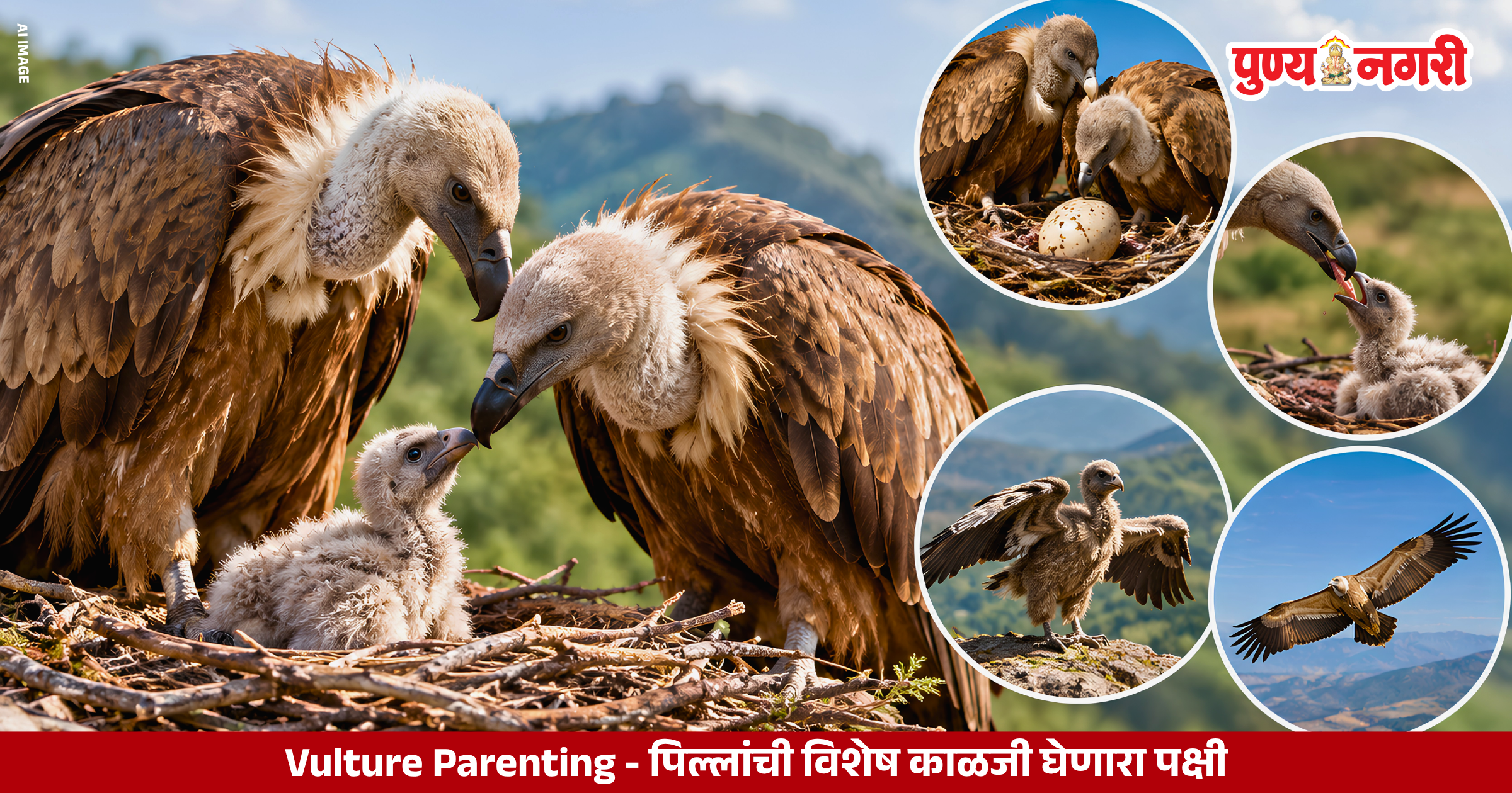 Vulture parents caring for their chick in a nest