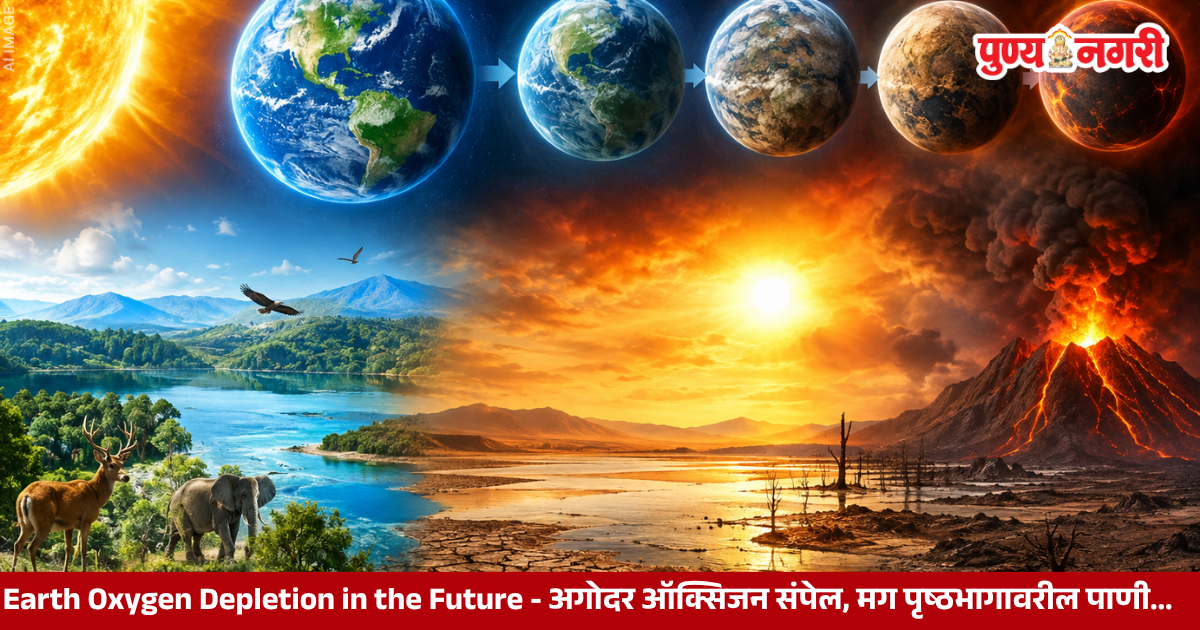 Scientific illustration of Earth facing extreme heat, oxygen depletion, and the potential extinction of complex life in the distant future