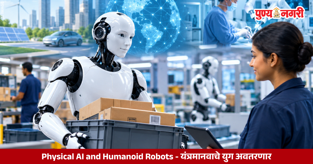 Humanoid robots powered by Physical AI performing industrial tasks and assisting human workers.