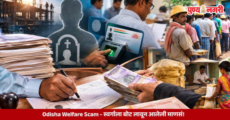 Illustration of Odisha construction worker welfare fraud involving fake death records, biometric verification and government funds