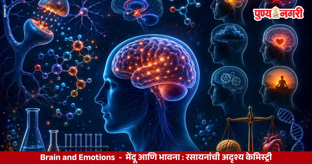 Brain and emotions showing neurotransmitters hormones and emotional processing