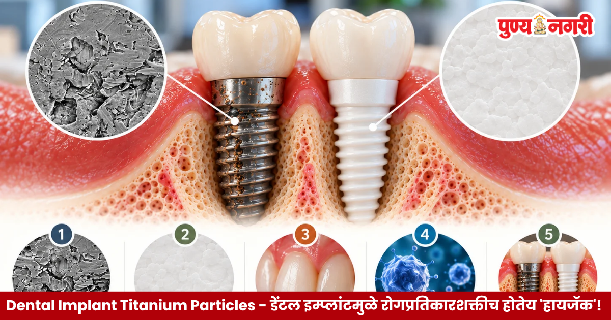 Dental Implant Titanium Particles मुळे रोगप्रतिकारक पेशींवर होणारा संभाव्य परिणाम आणि डेंटल इम्प्लांटभोवतीच्या जबड्याच्या हाडांची झीज दर्शवणारे चित्र.