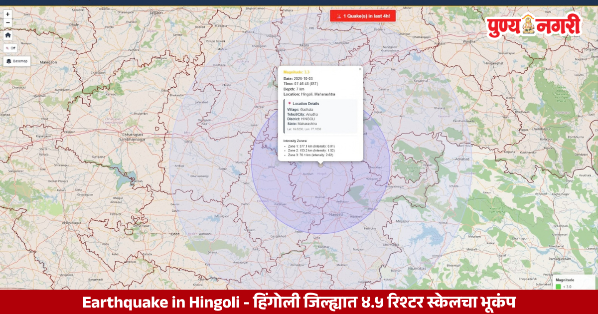 Earthquake in Hingoli : हिंगोली जिल्ह्यात ४.५ रिश्टर स्केलचा भूकंप