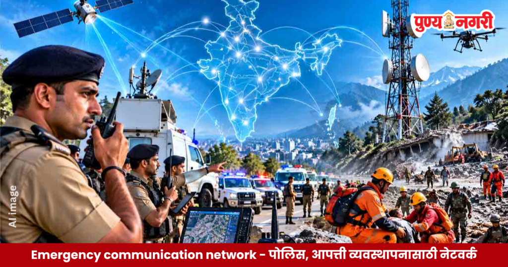 Emergency communication network India या प्रस्तावित यंत्रणेचे प्रतिनिधित्व करणारे चित्र; पोलिस, अग्निशमन दल, एनडीआरएफ आणि वैद्यकीय सेवांमध्ये आपत्कालीन संपर्क सक्षम करणारे नेटवर्क.