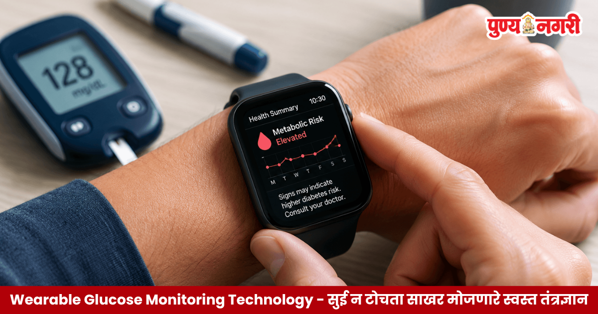 Wearable Glucose Monitoring Technology वापरून रक्त न टोचता रक्तातील साखर मोजण्याची शक्यता दर्शवणारे मनगटावरील ऑप्टिकल सेन्सर उपकरण.