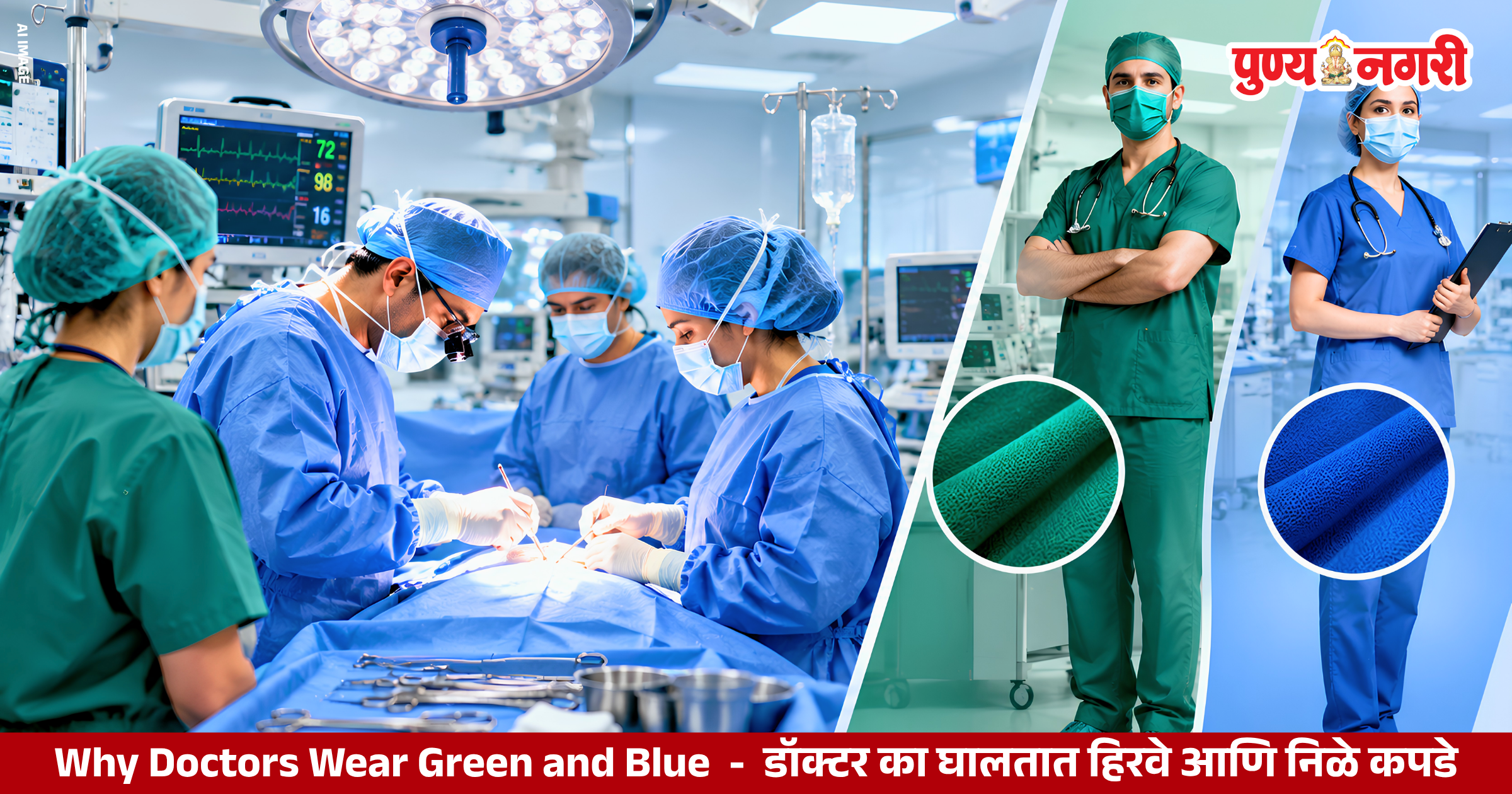 Doctor and surgeon wearing green and blue scrubs in an operating room