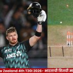 Glenn Phillips celebrates his century during the fourth T20I between India and New Zealand at Eden Park in Auckland.