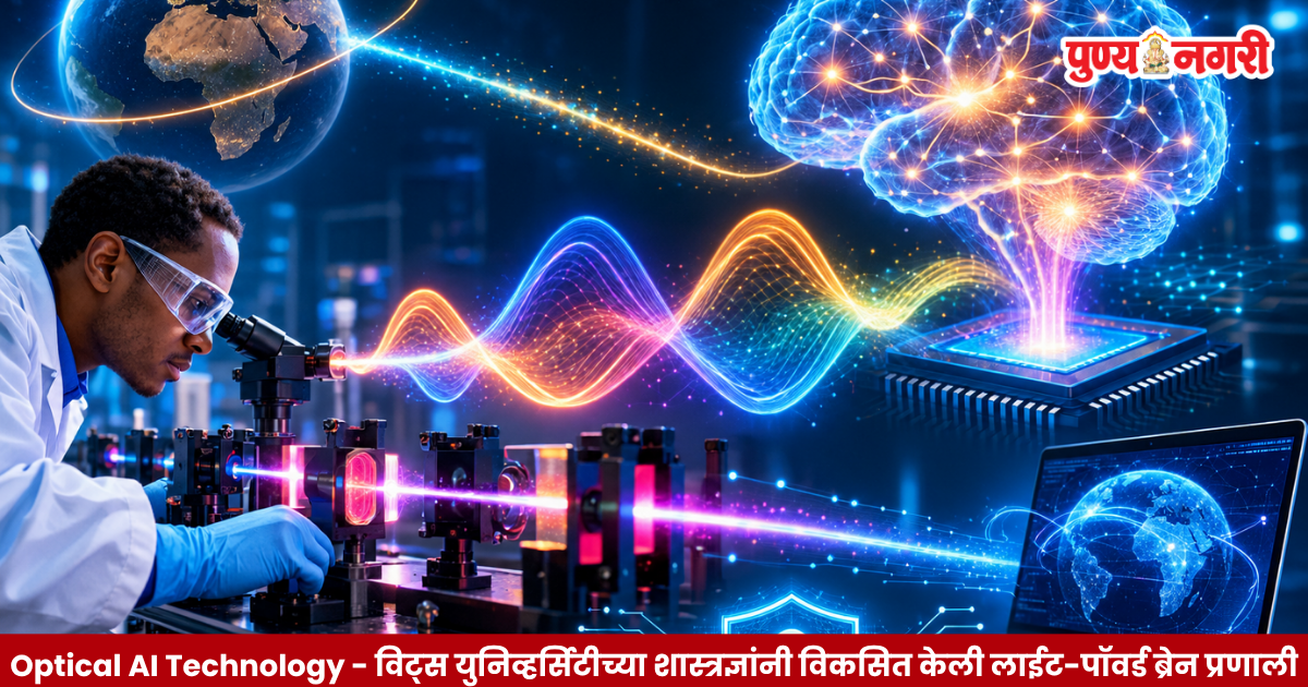Illustration of an optical AI system decoding complex light patterns for quantum communication and advanced data processing.